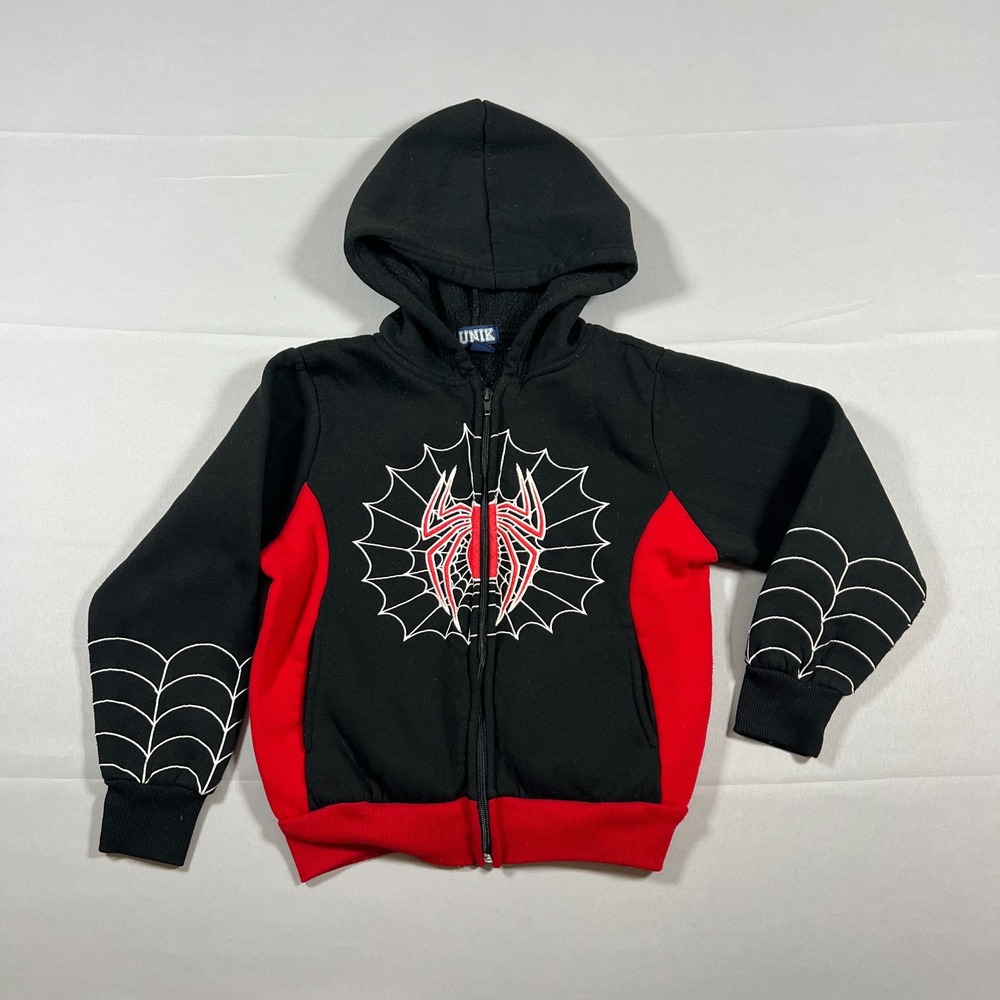 Unik Zip Up Hoodie Kids 7 Black Red Spider Web Graphic Fleece Lined Ribbed Trim
